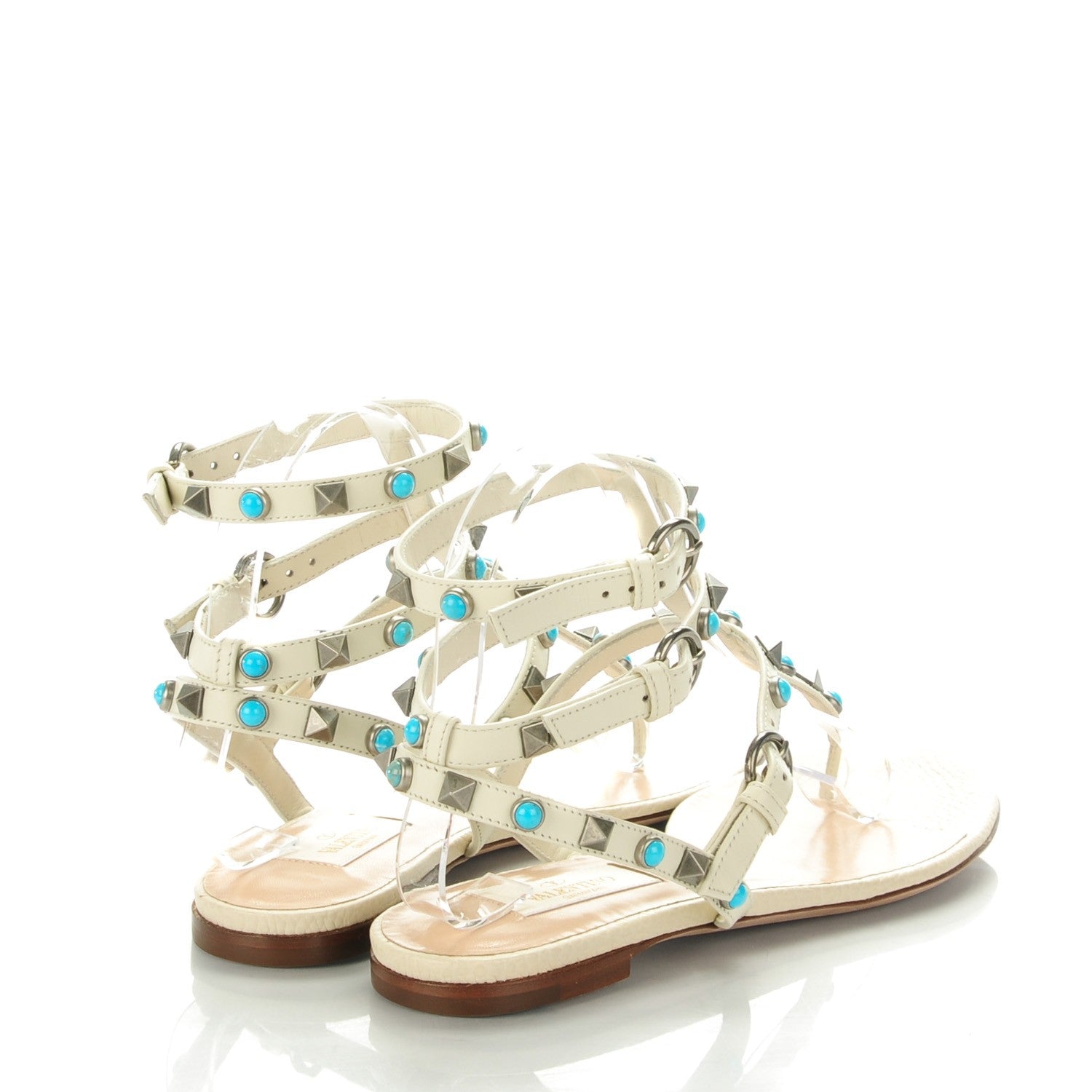 Valentino Garavani Calfskin Rockstud Rolling Ankle Wrap Flat Thong Sandals 36.5 White 4 of 8