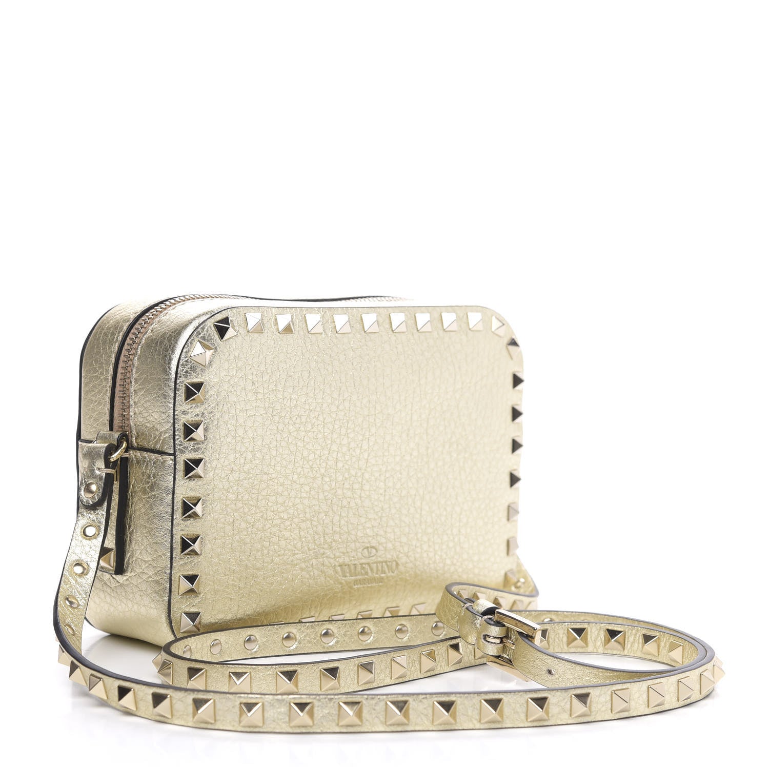 Valentino Garavani Metallic Pebbled Calfskin Rockstud Camera Crossbody Bag Platino 3 of 9