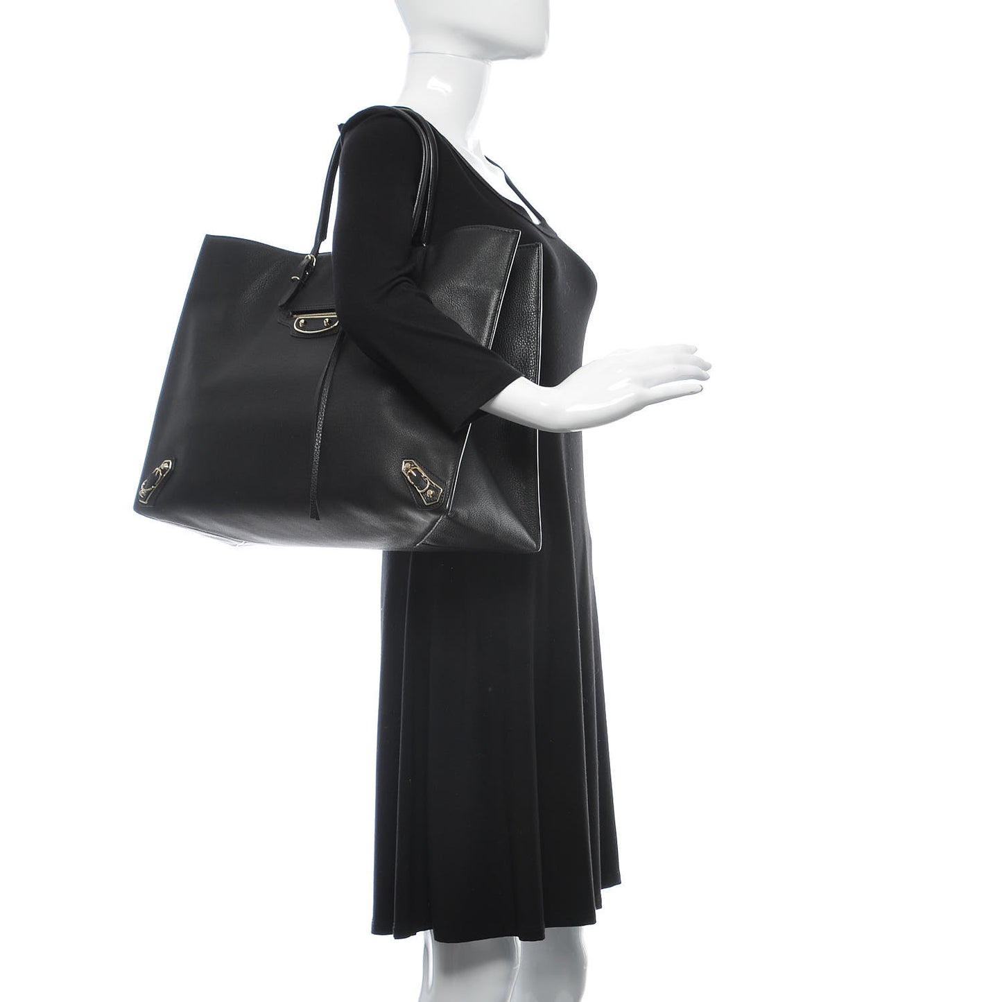 Grained Calfskin Gold Metallic Edge Hardware Papier A4 Tote Black