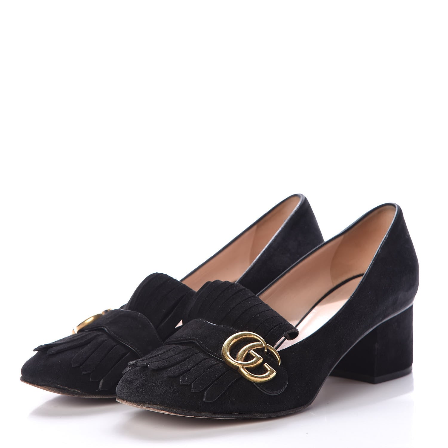 Gucci Kid Scamosciato GG Marmont Fringe 50mm Loafer Pumps 39 Black 3 of 9