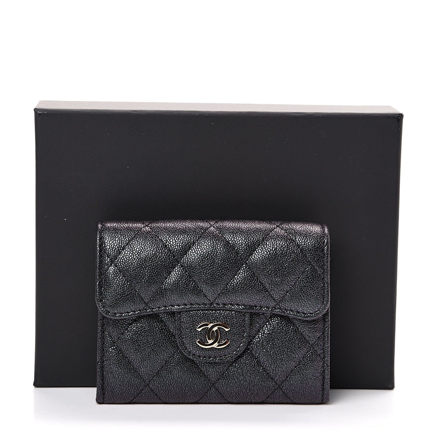 Iridescent Caviar Quilted Flap Card Holder Wallet Black