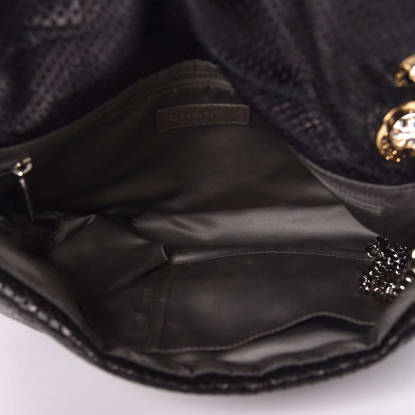 Metallic Crackled Calfskin Large Perforated Drill Flap Black