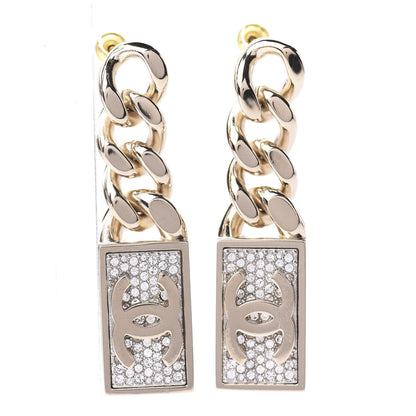 Chanel Crystal Dog Tag Charm Earrings Gold 1 of 5