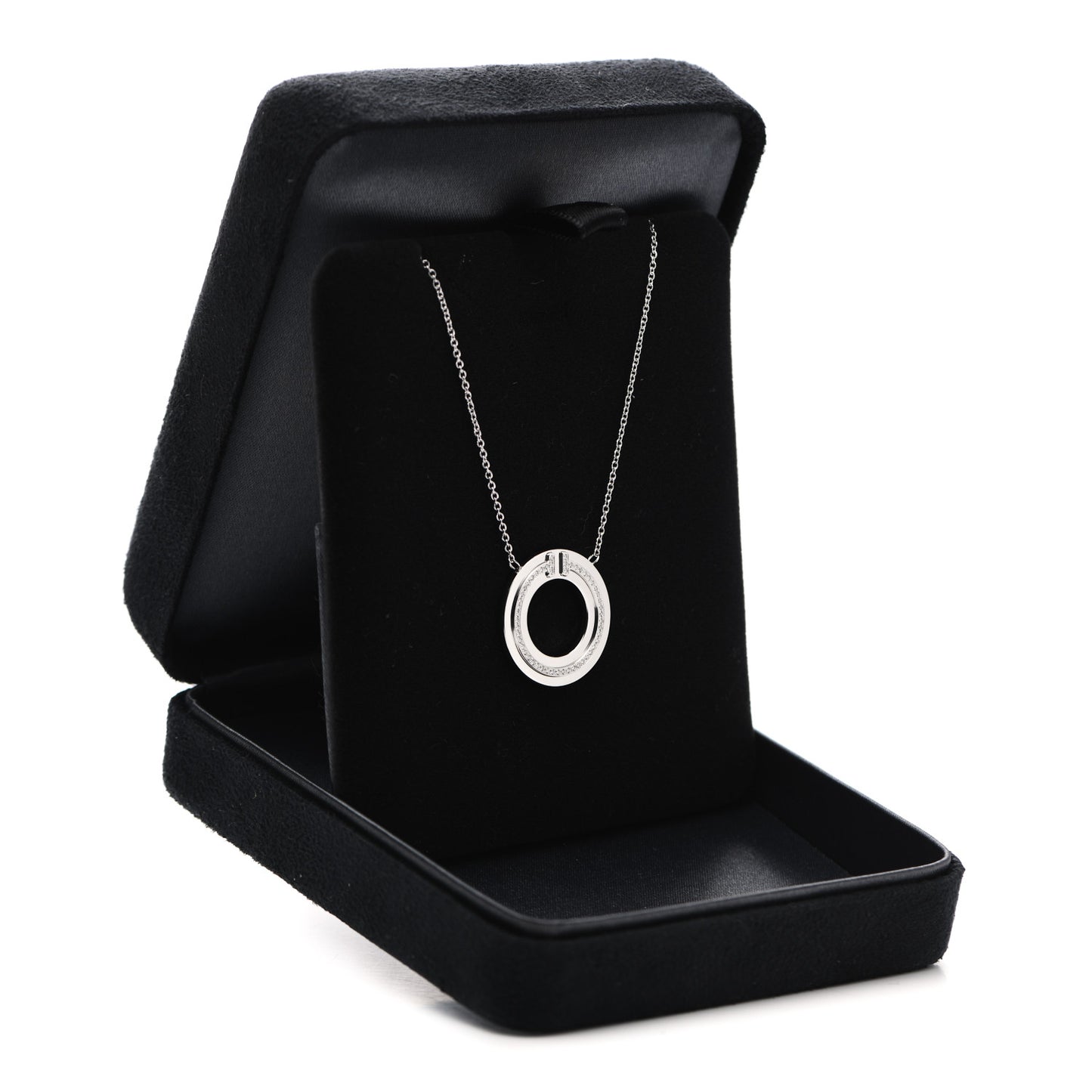 18K White Gold Diamond T Circle Pendant Necklace