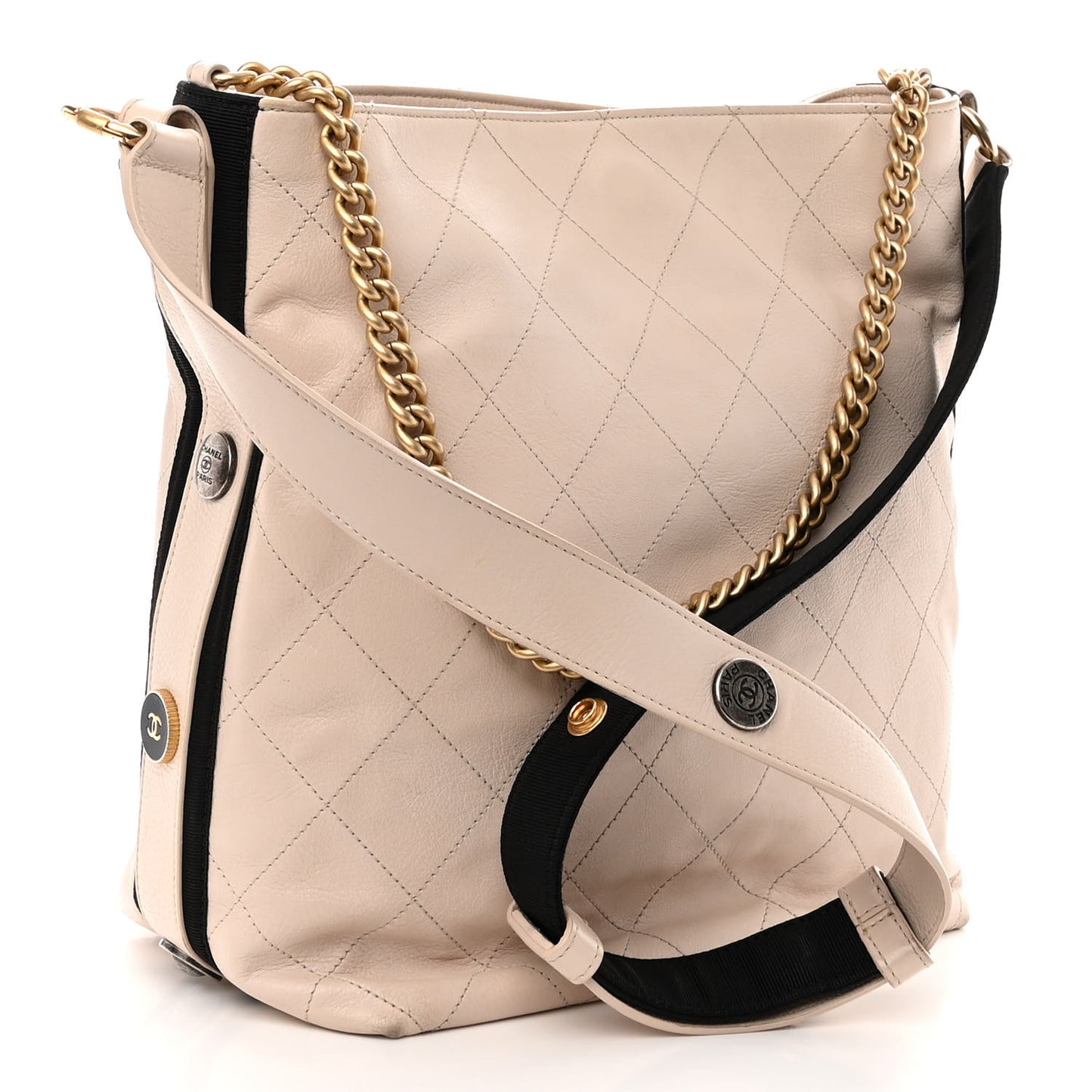 Calfskin Stitched Large Button Up Hobo Ivory Black
