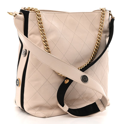 Chanel Calfskin Stitched Large Button Up Hobo Ivory Black 3 of 13