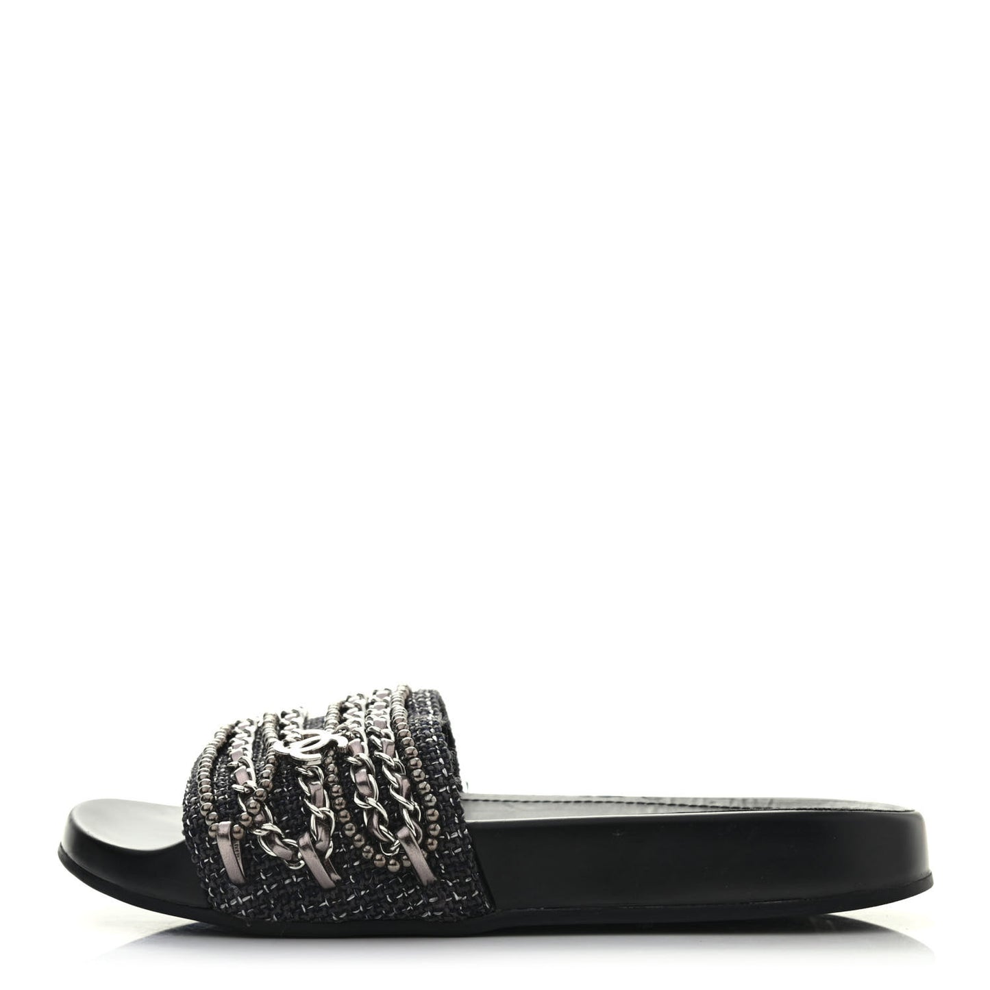 Tweed Lambskin Chain Flat Sandals 36 Silver