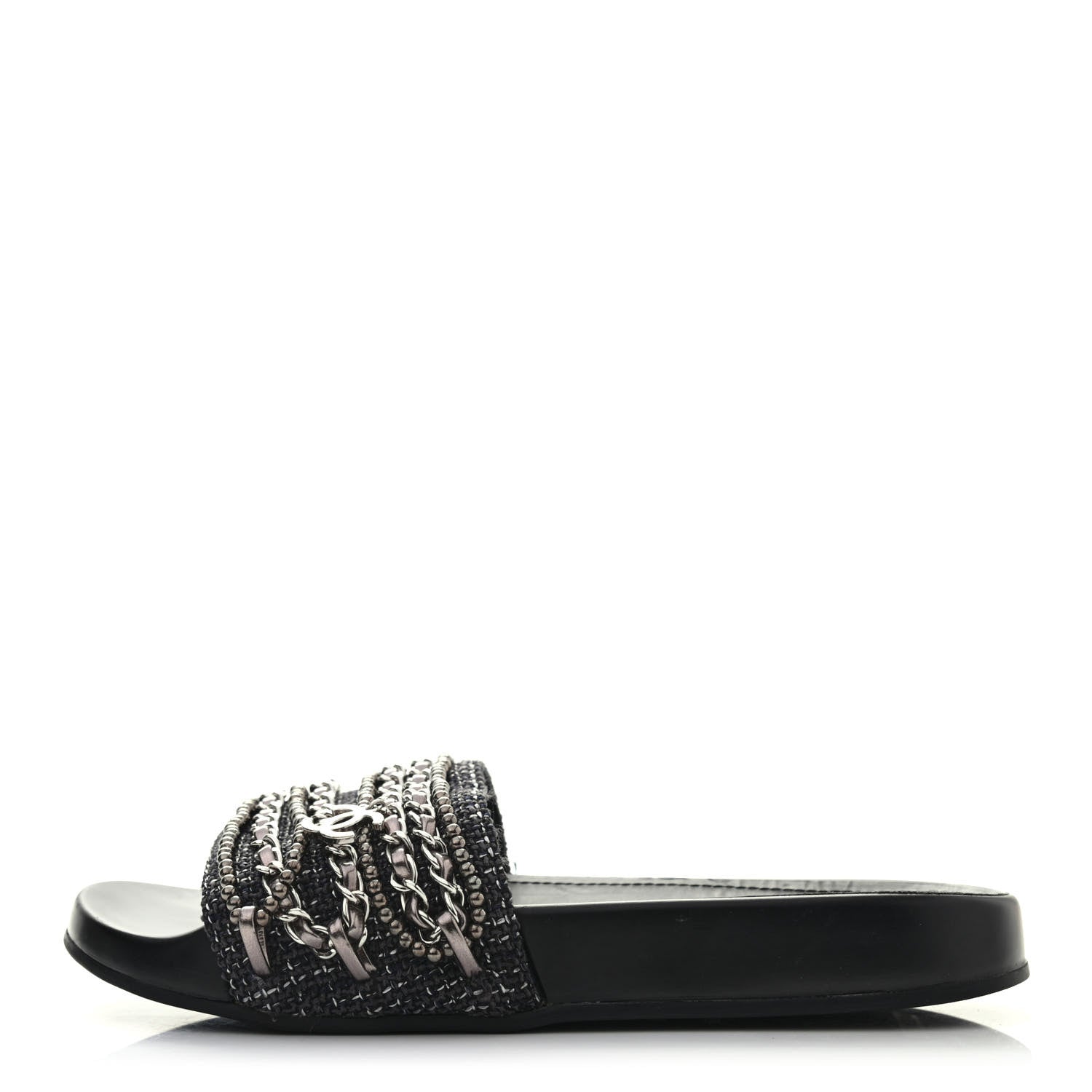 Chanel Tweed Lambskin Chain Flat Sandals 36 Silver 1 of 8