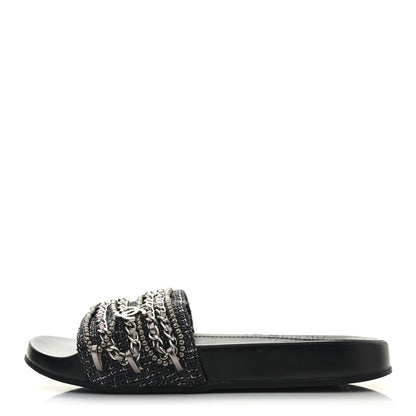 Chanel Tweed Lambskin Chain Flat Sandals 36 Silver 1 of 8