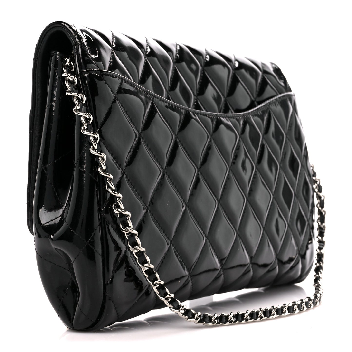 Patent Quilted Clutch with Chain Flap Black
