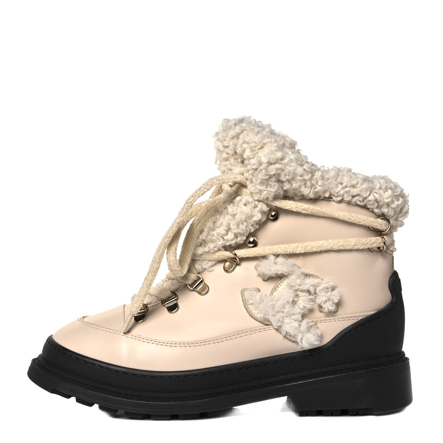 Chanel Calfskin Shearling CC Lace Up Boots 37.5 Light Beige Ivory 1 of 8