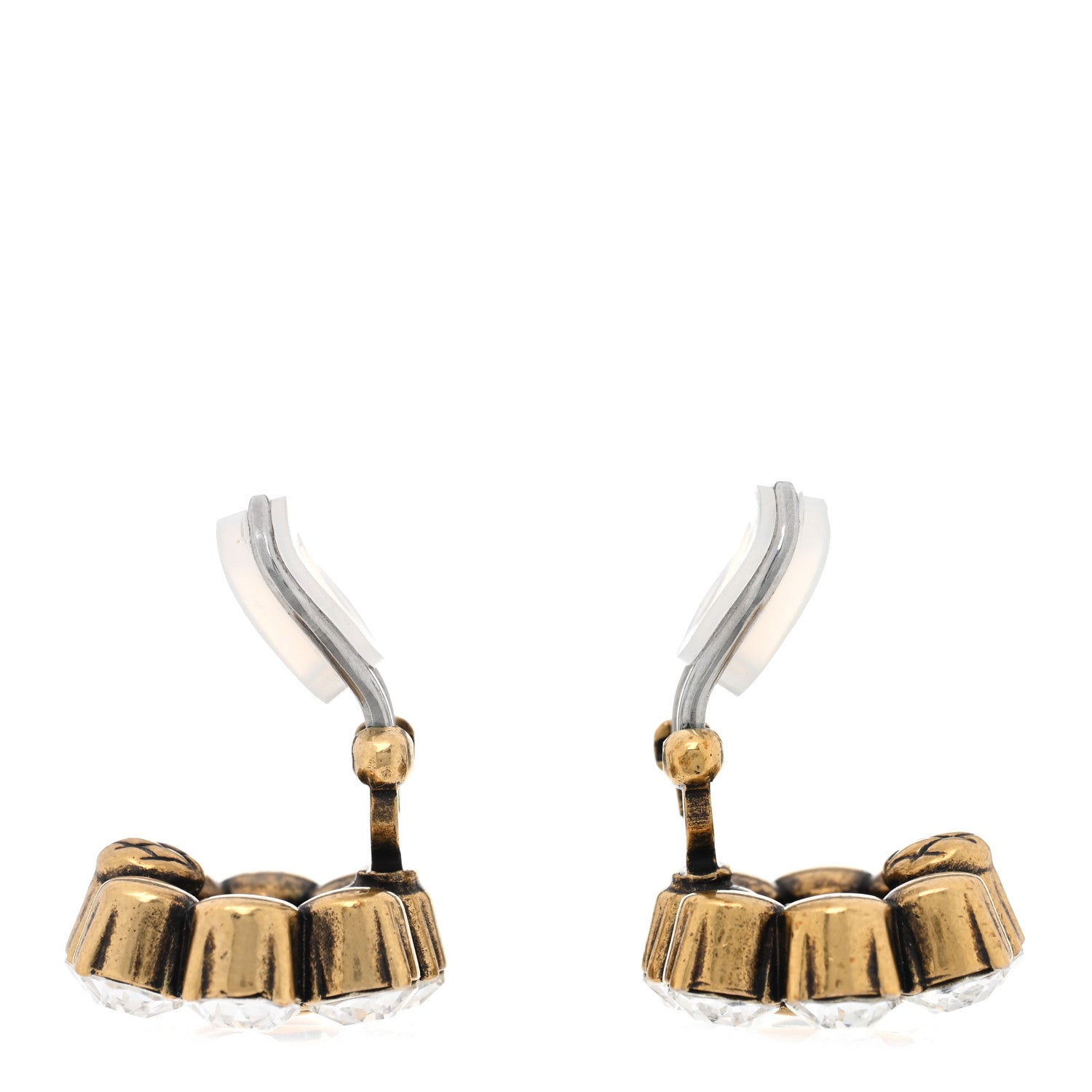 Gucci Metal Crystal Double G Clip On Earrings Aged Gold 1780280