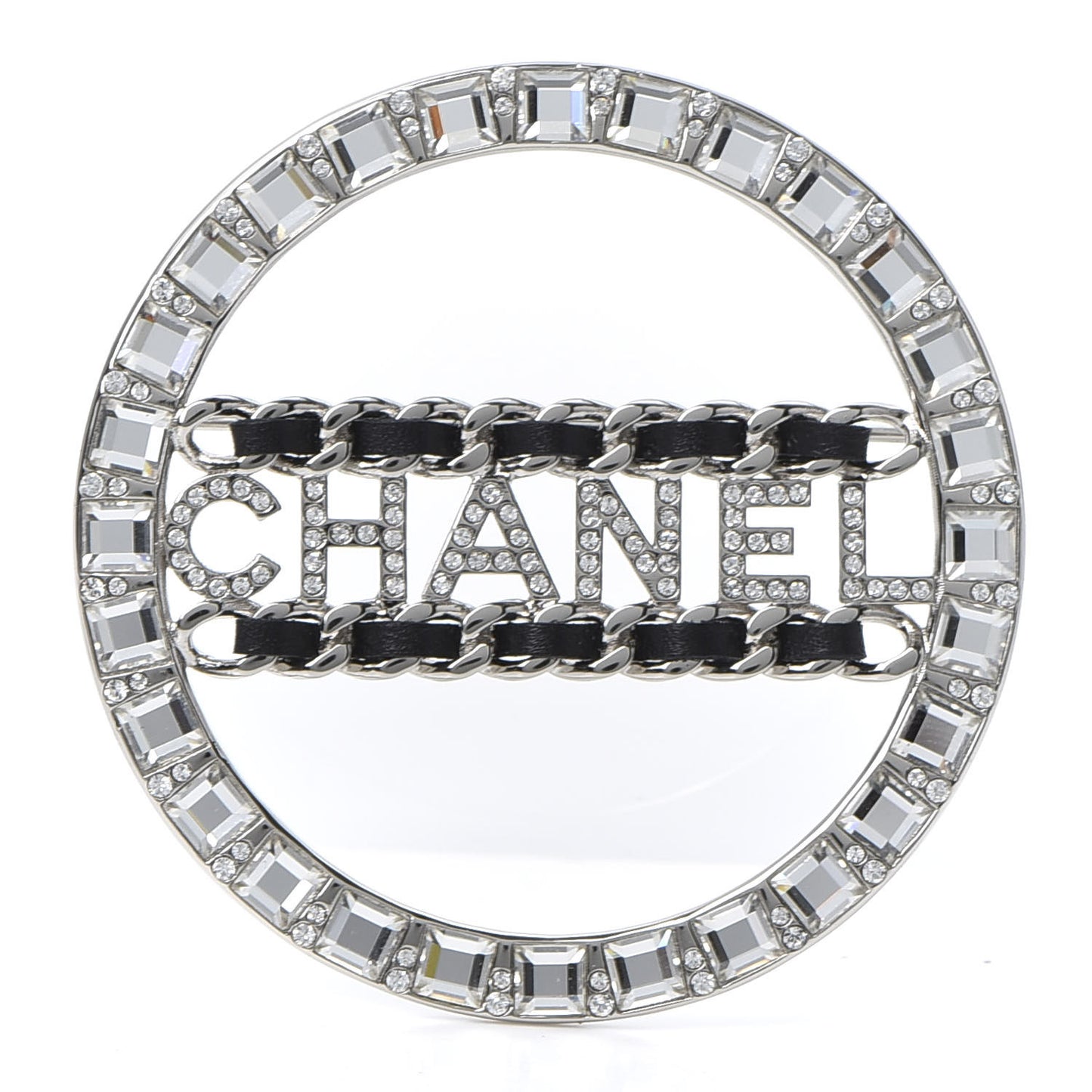 Lambskin Baguette Crystal Logo Brooch Black Silver