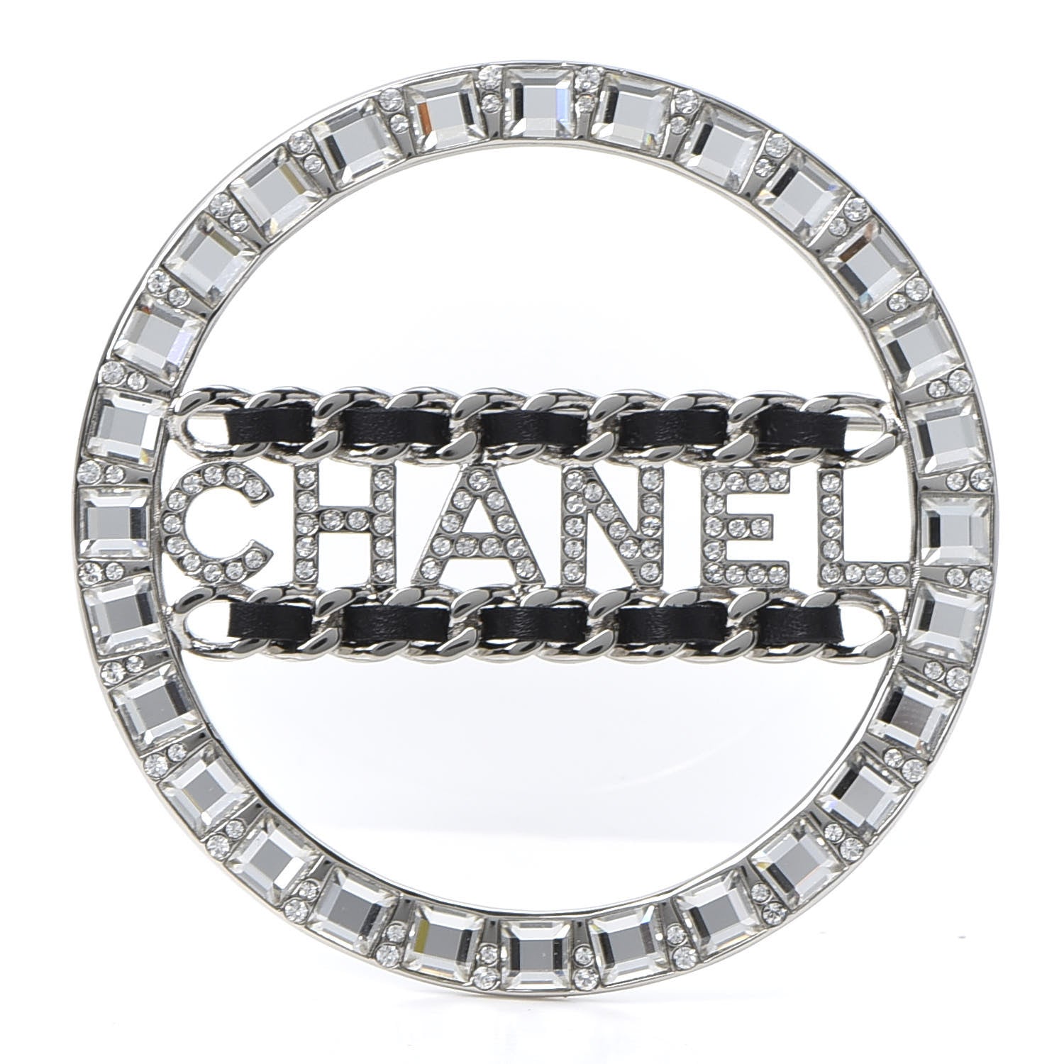 Chanel Lambskin Baguette Crystal Logo Brooch Black Silver 1 of 4