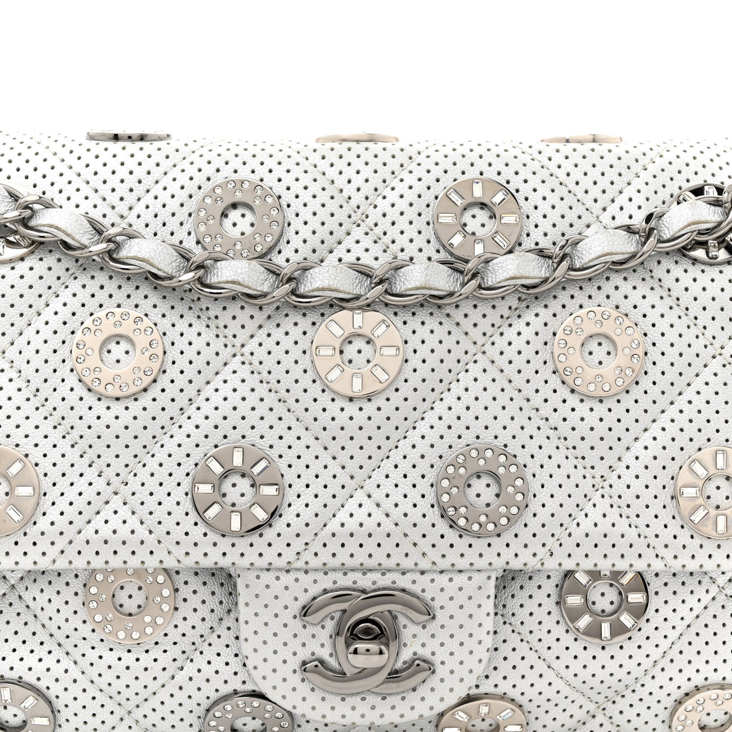 Perforated Metallic Lambskin Medium CC Medals Flap Silver