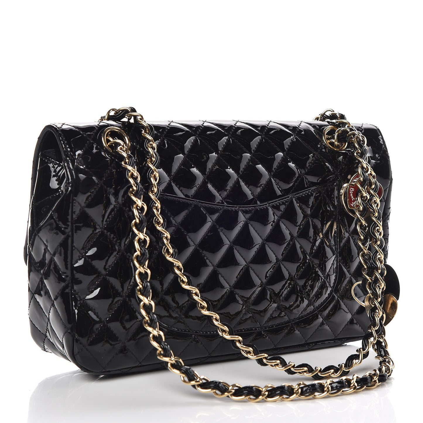 Patent Calfskin Quilted Valentine Charms Medium Single Flap Black