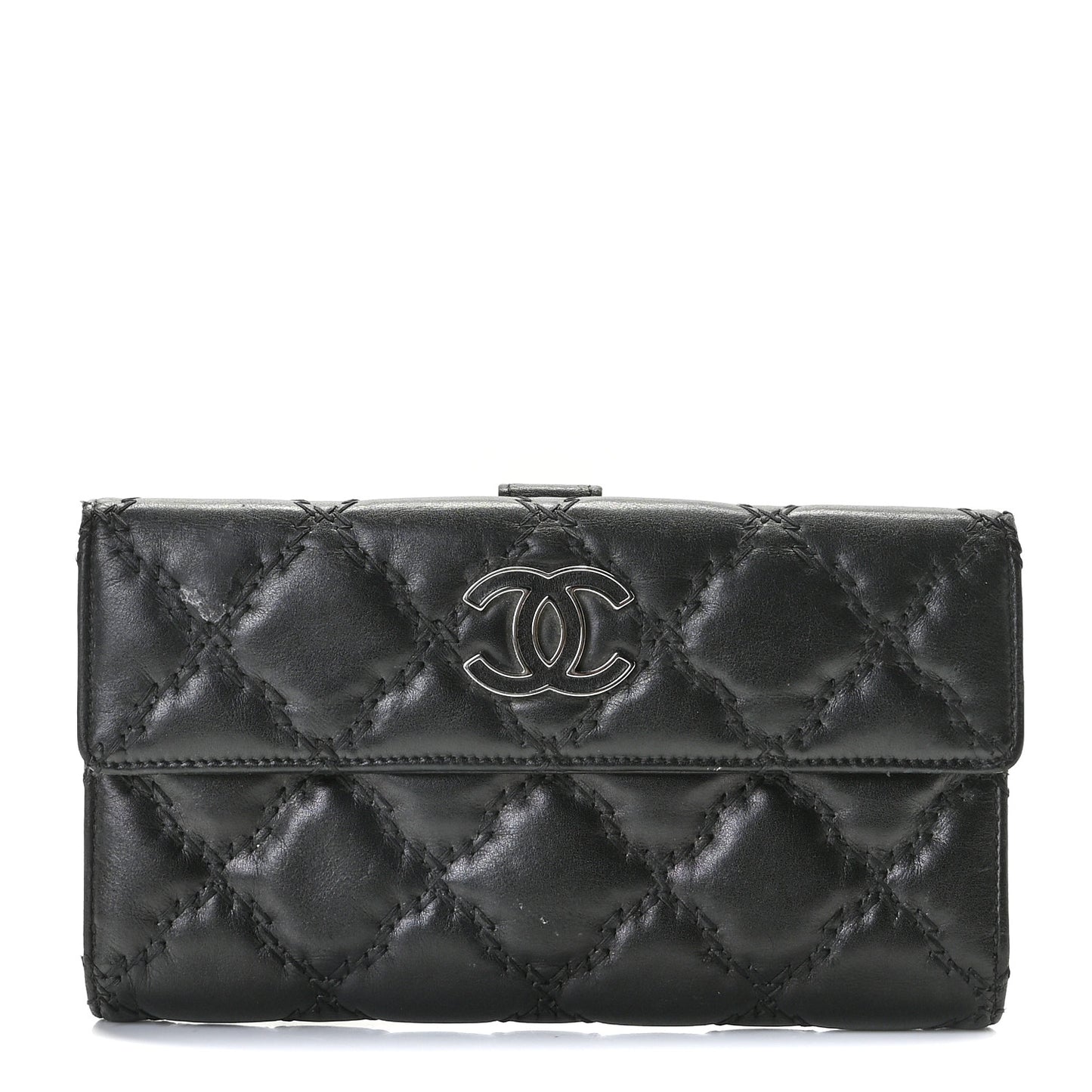 Calfskin Double Stitch Hamptons Flap Wallet Black