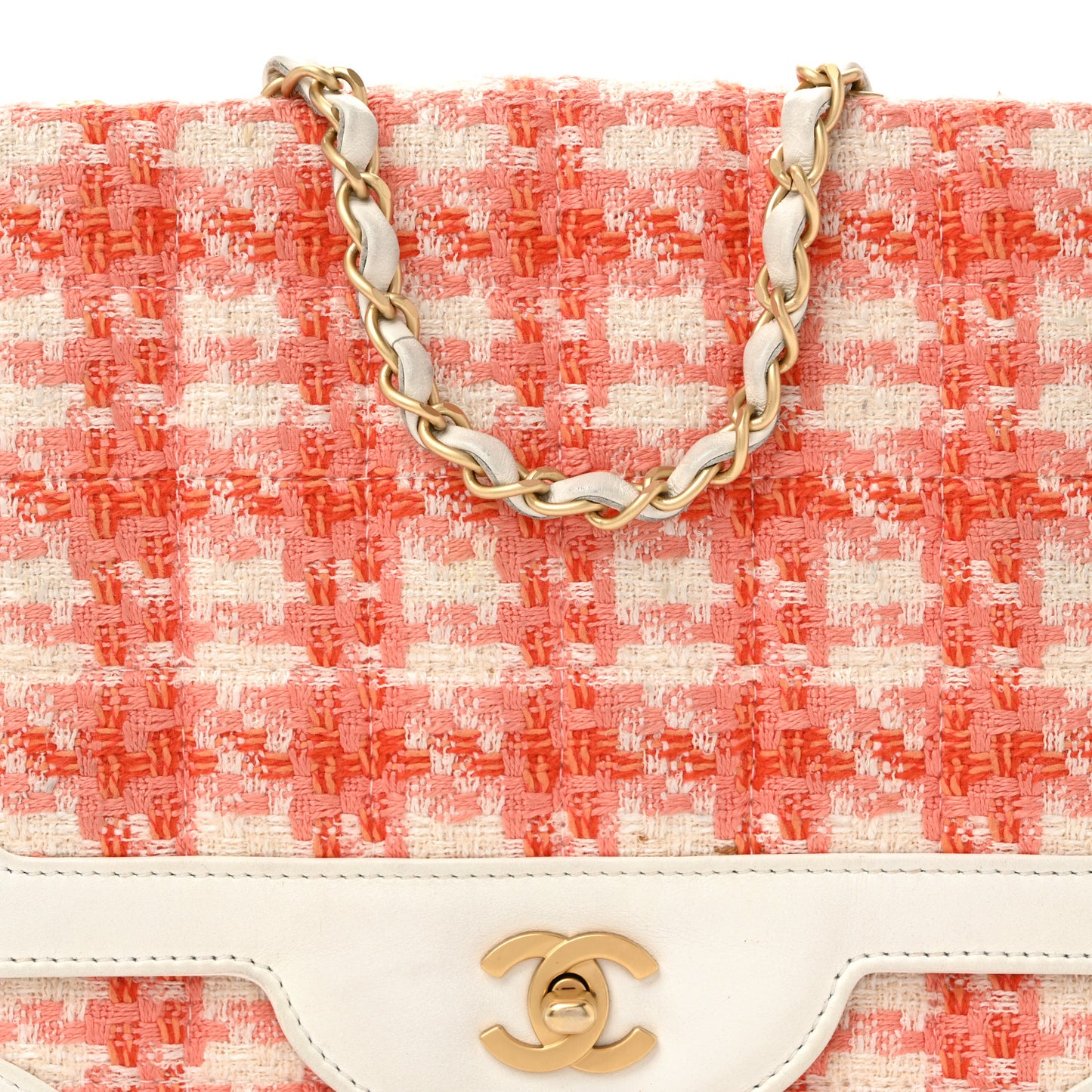 Tweed Calfskin Square Flap Bag Orange White