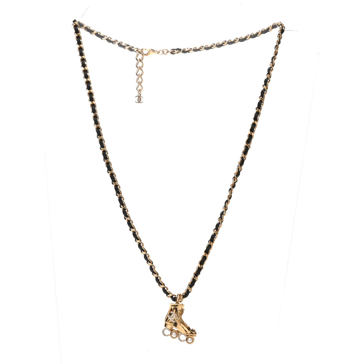 Metal Lambskin Crystal Pearl CC Rollerskate Necklace Gold Black