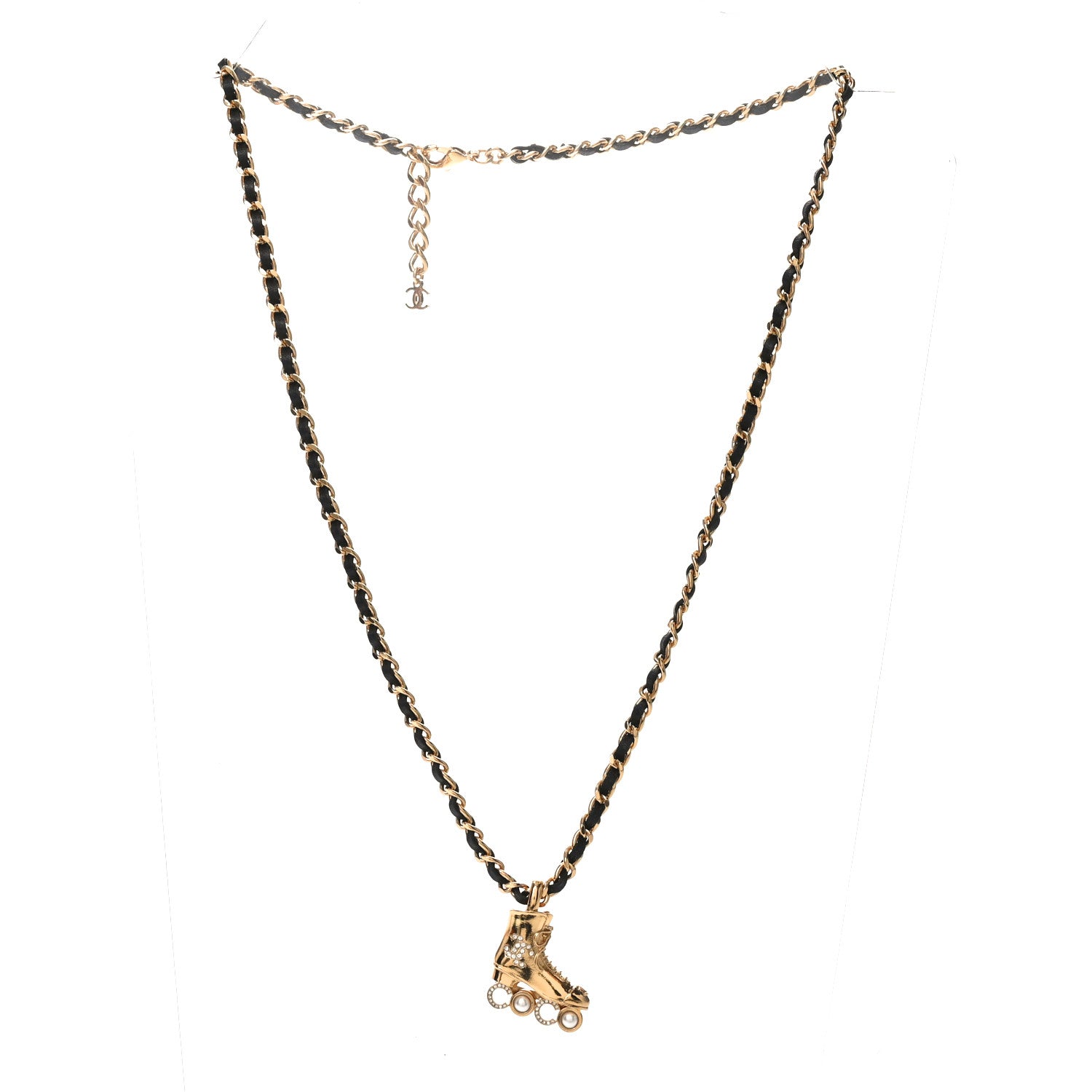 Chanel Metal Lambskin Crystal Pearl CC Rollerskate Necklace Gold Black 3 of 4