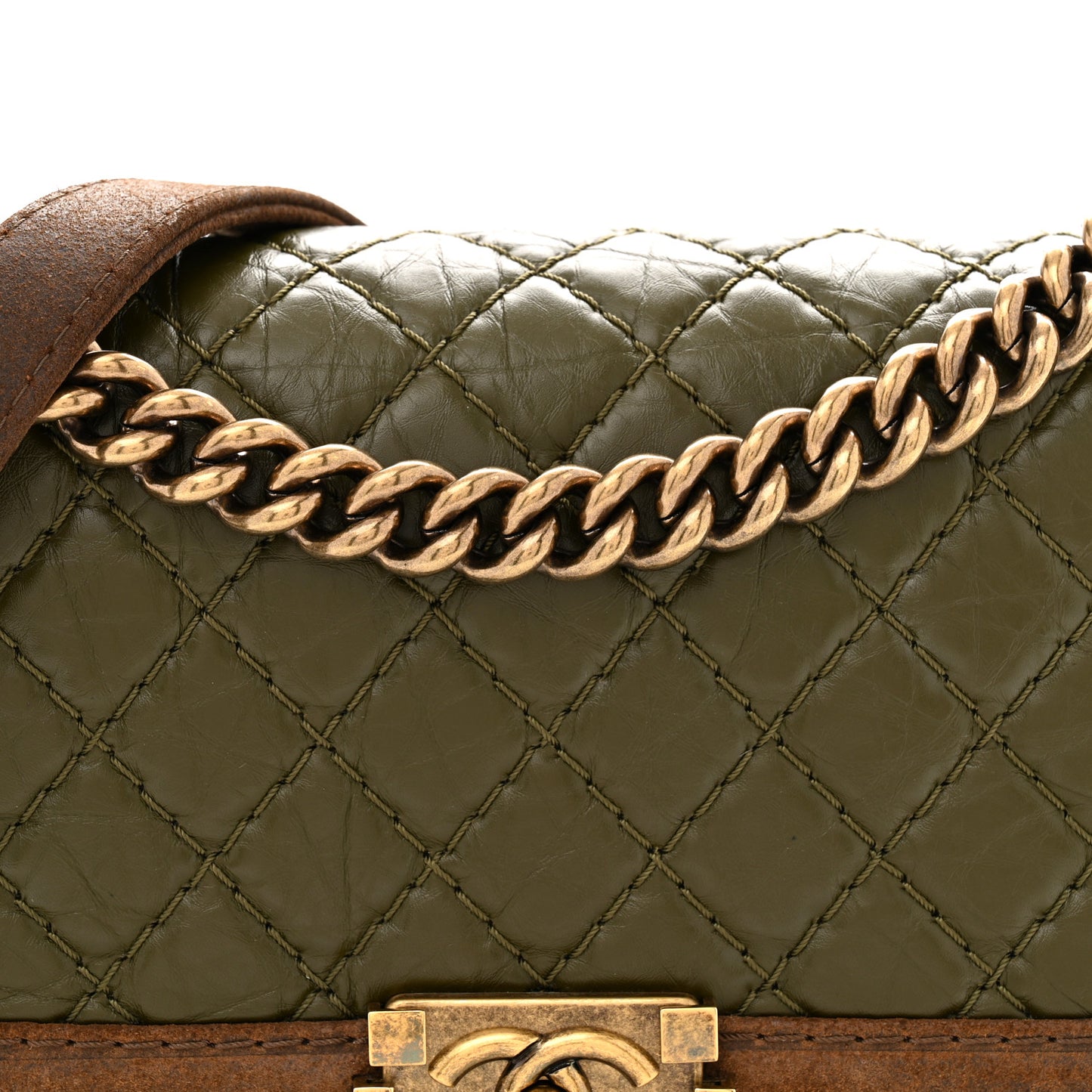 Suede Calfskin Quilted Medium Boy Flap Green Brown