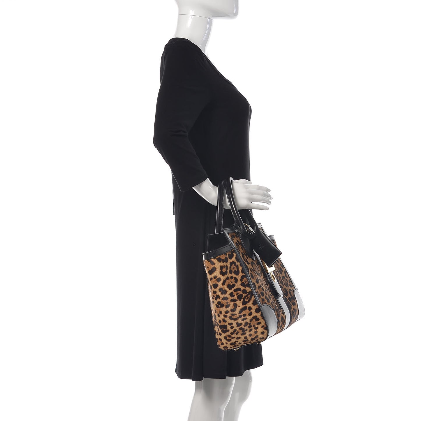 Pony Hair Jaguar Print Medium Lady Buckle Top Handle Bag Black