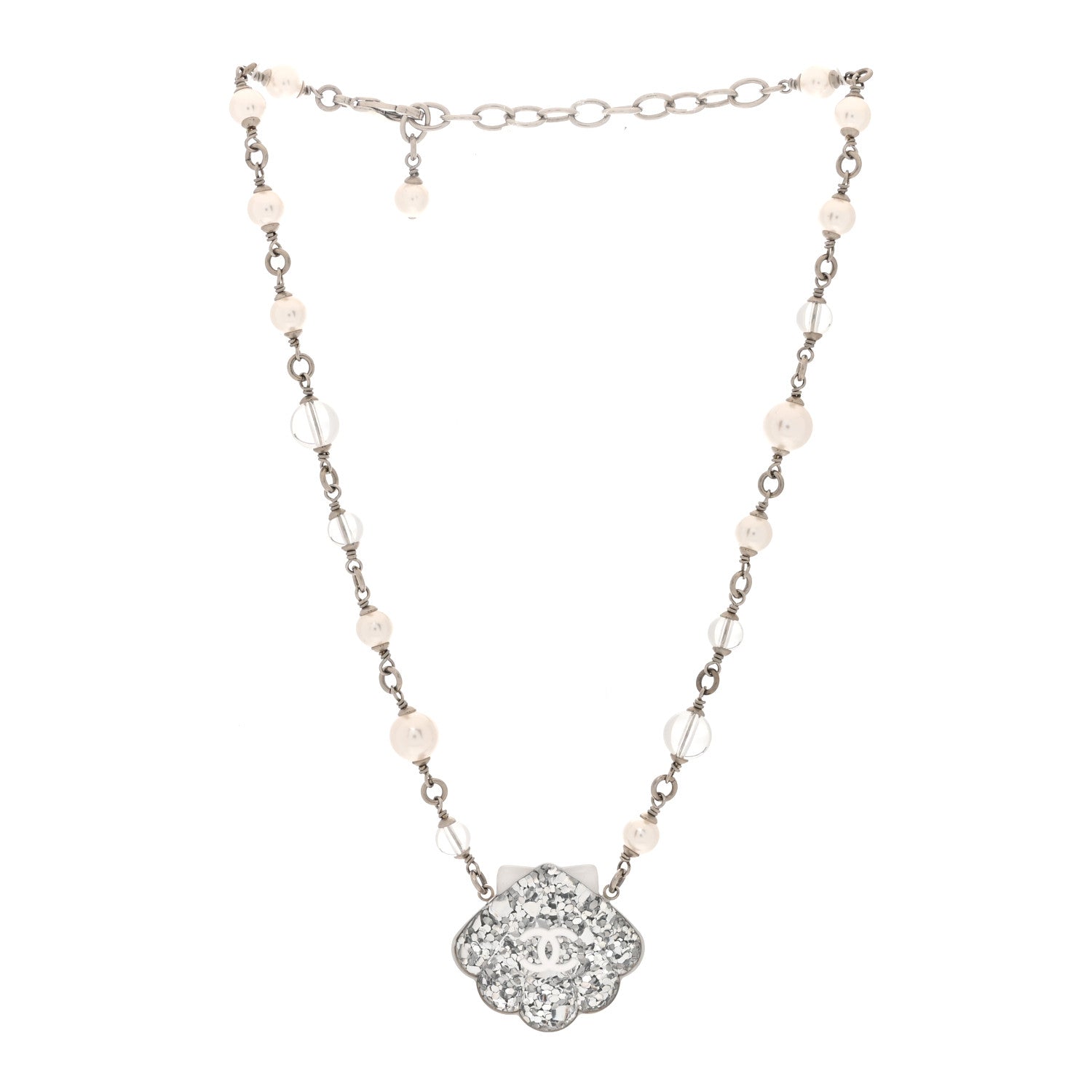 Chanel Pearl Resin Glitter CC Shell Necklace Silver 3 of 5