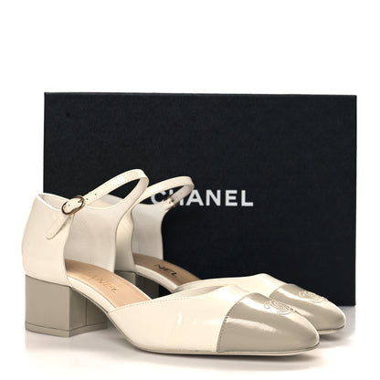 Chanel Shiny Lambskin CC Cap Toe Mary Janes Pumps 40 White Light Beige 10 of 10