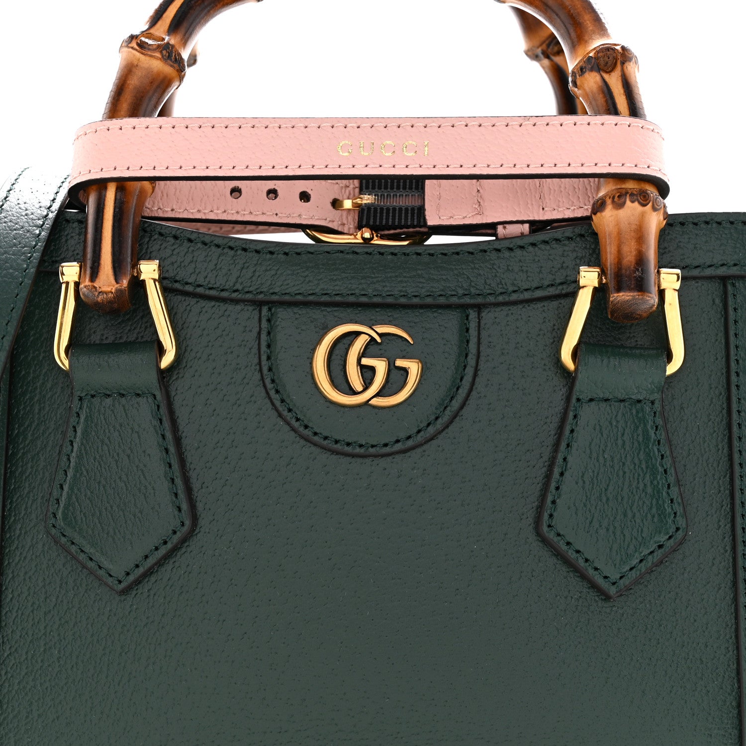 Gucci Textured Dollar Calfskin Web Mini Diana Tote Bag Vintage Green Pink 8 of 11