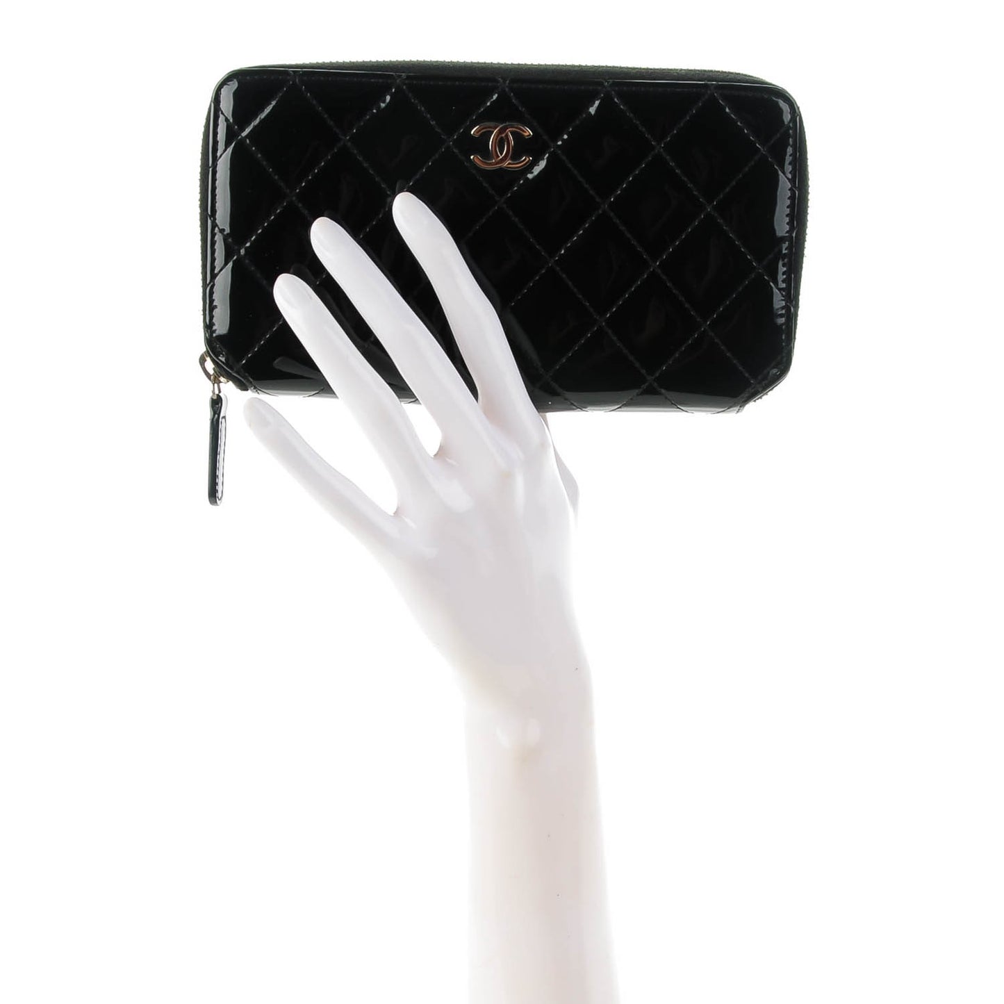 Glitter Patent Quilted Large Gusset Zip Around Wallet Black