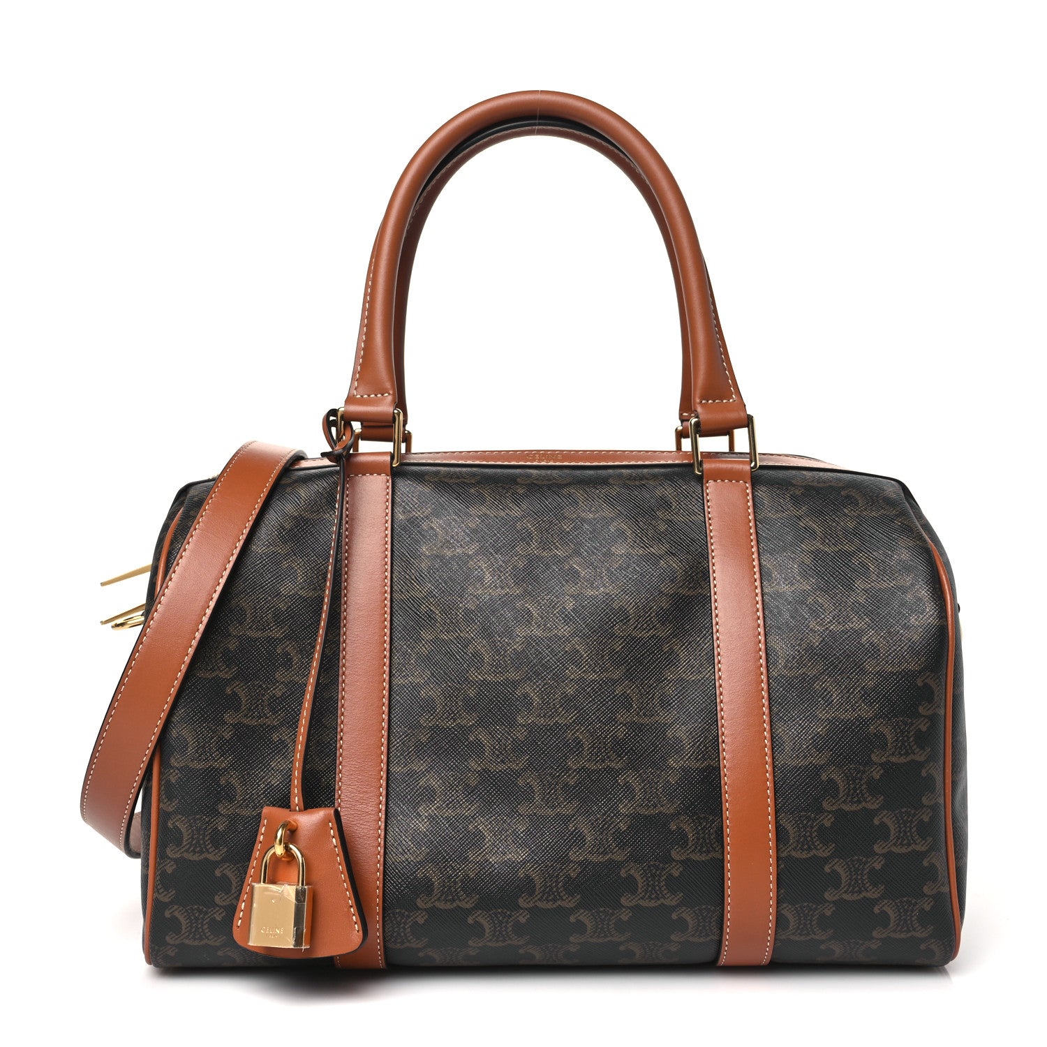 Celine Triomphe Canvas Calfskin Boston Bag Tan 1 of 11