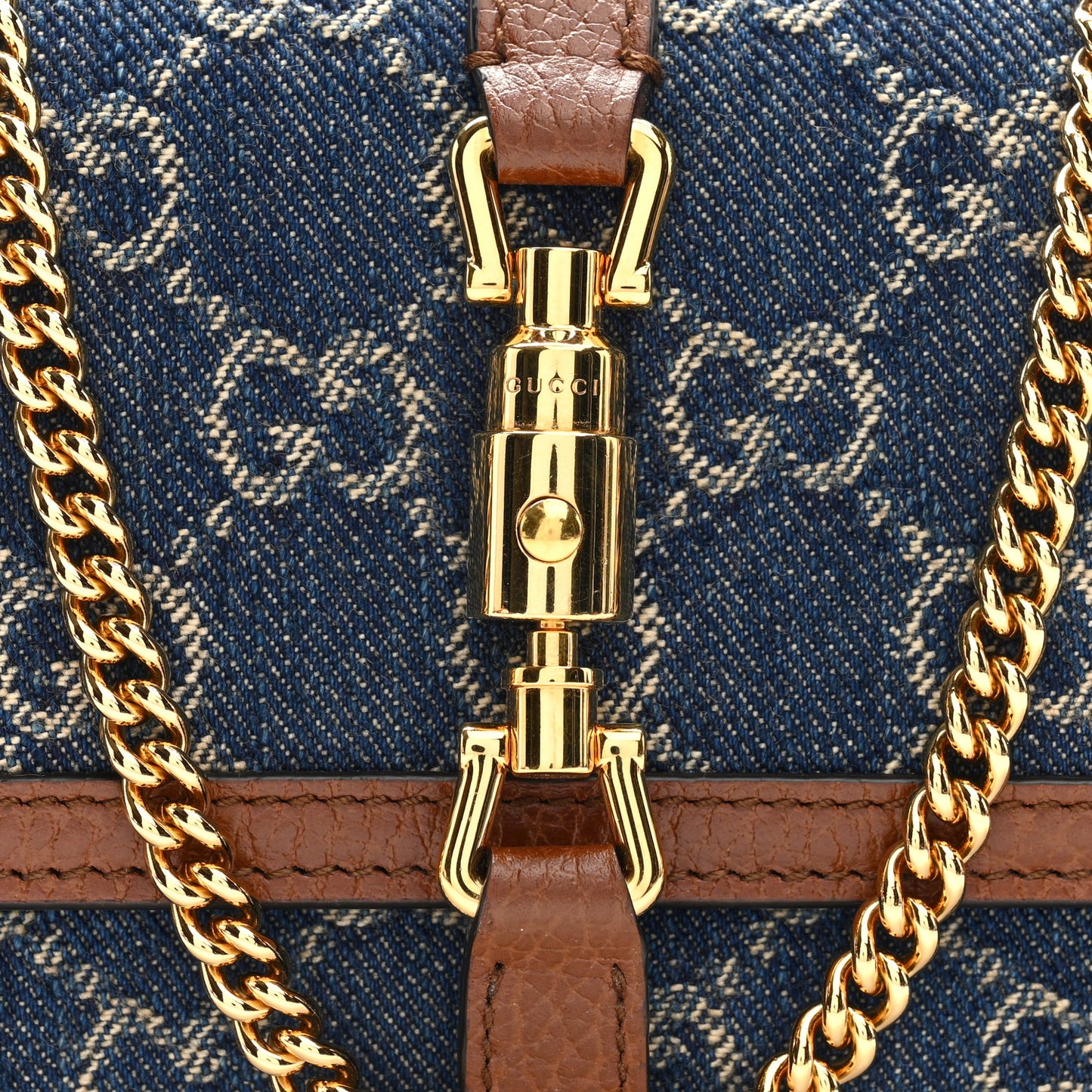 New Denim GG Monogram Jackie 1961 Chain Wallet Blue Tea Cuir