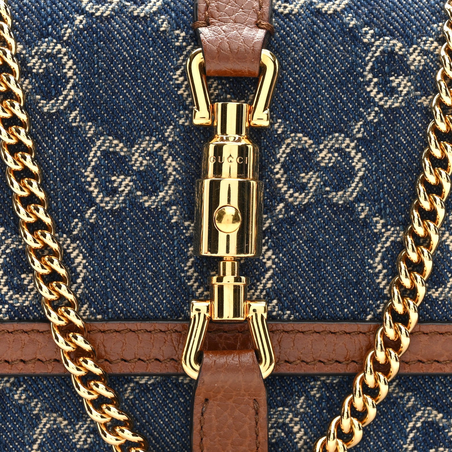 Gucci New Denim GG Monogram Jackie 1961 Chain Wallet Blue Tea Cuir 7 of 9