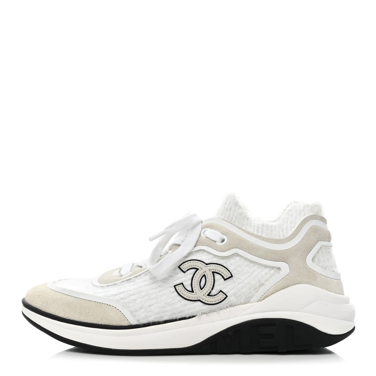 Chanel Fabric Calfskin Suede CC Womens Sneakers 38 White 1 of 7
