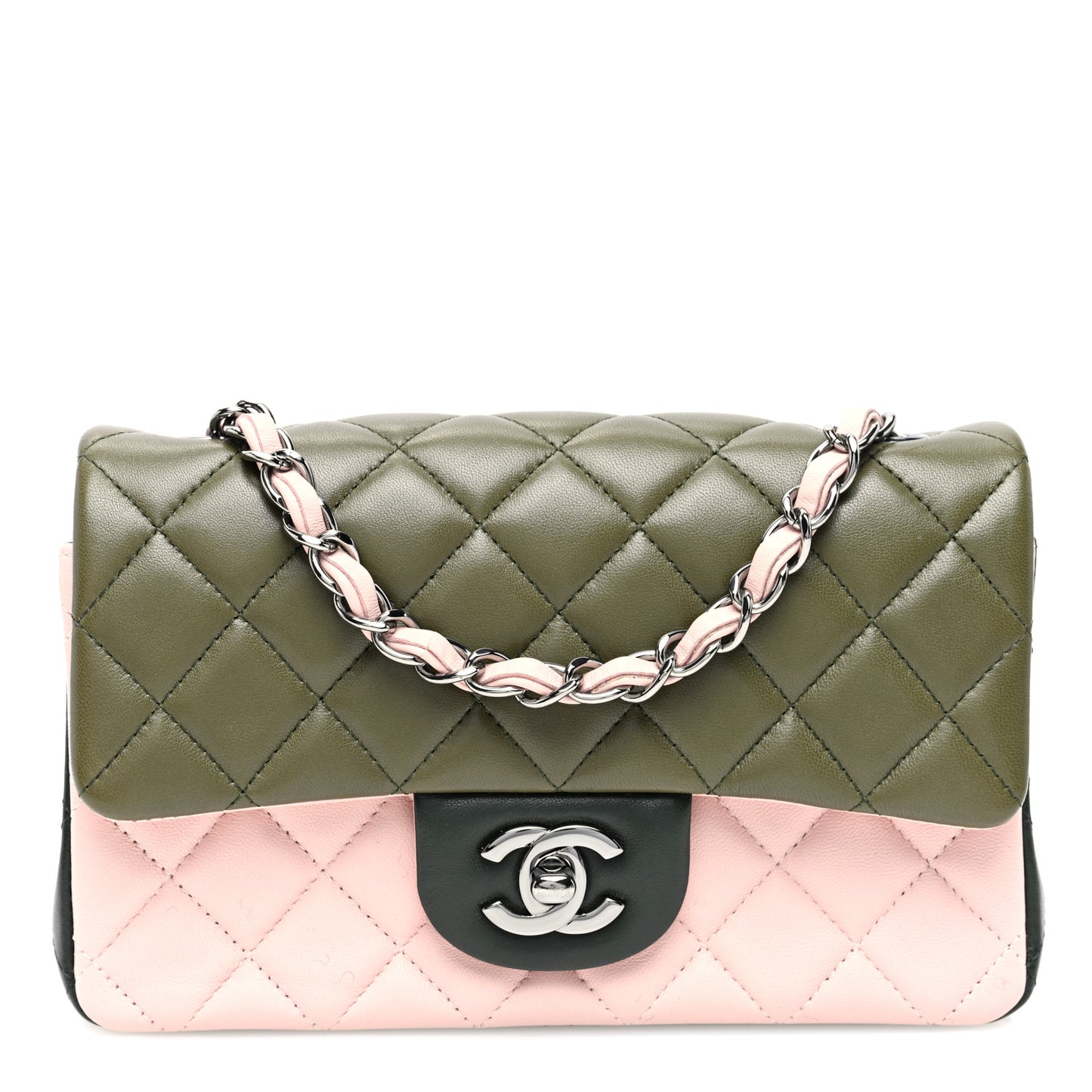 Lambskin Quilted Tri-Color Mini Rectangular Flap Green Pink