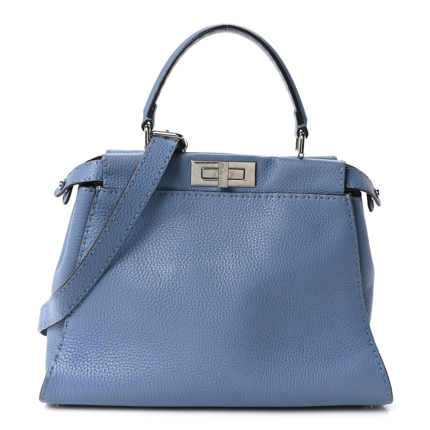 Fendi Cuoio Romano Selleria Bi-Color Medium Peekaboo Iconic Satchel Argento Blue Asfalto 1 of 9
