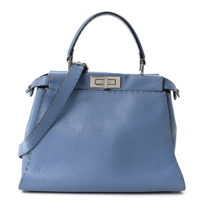 Fendi Cuoio Romano Selleria Bi-Color Medium Peekaboo Iconic Satchel Argento Blue Asfalto 1 of 9