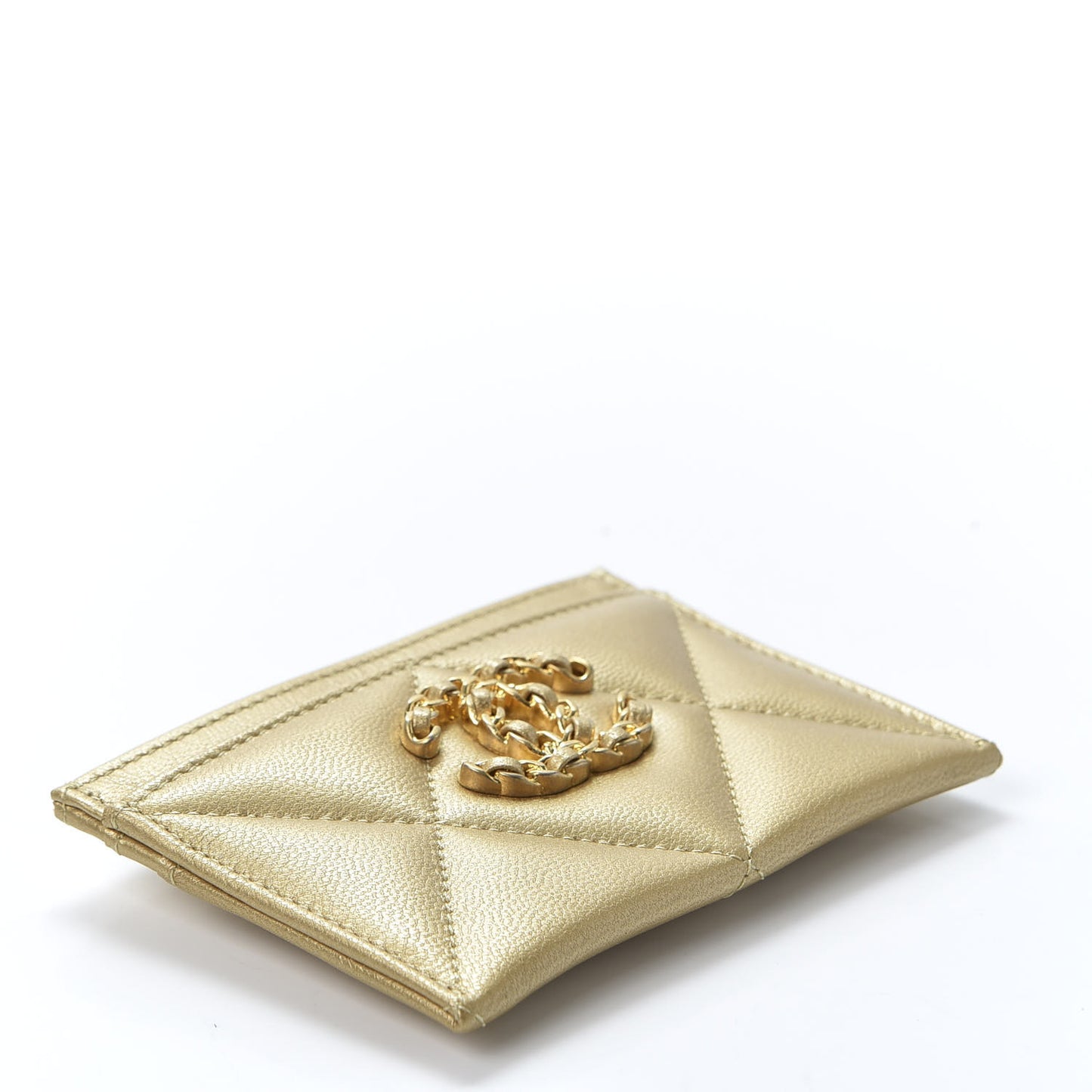 Metallic Goatskin Quilted Chanel 19 Card Holder Gold