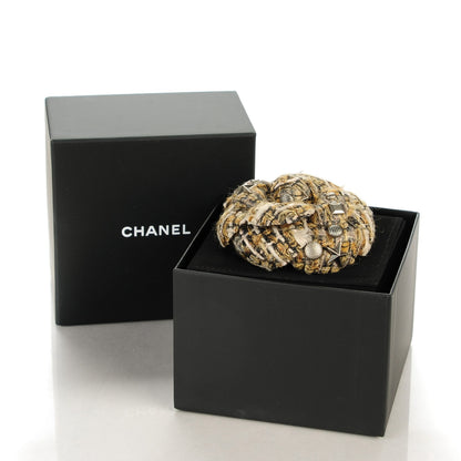 Chanel Tweed Embellished Camellia Pin Brooch Gold Silver 5 of 5