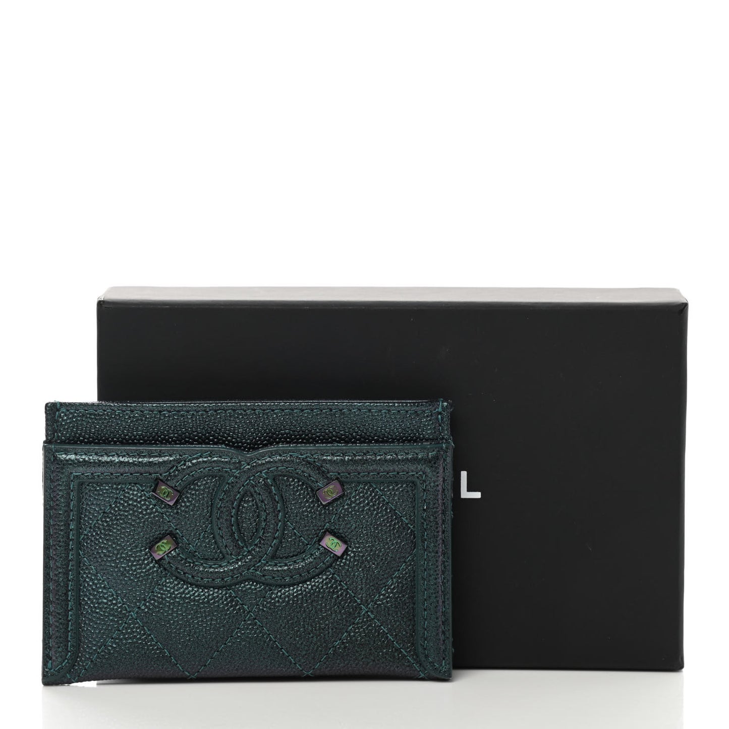 Iridescent Caviar Quilted Filigree Card Holder Dark Turquoise