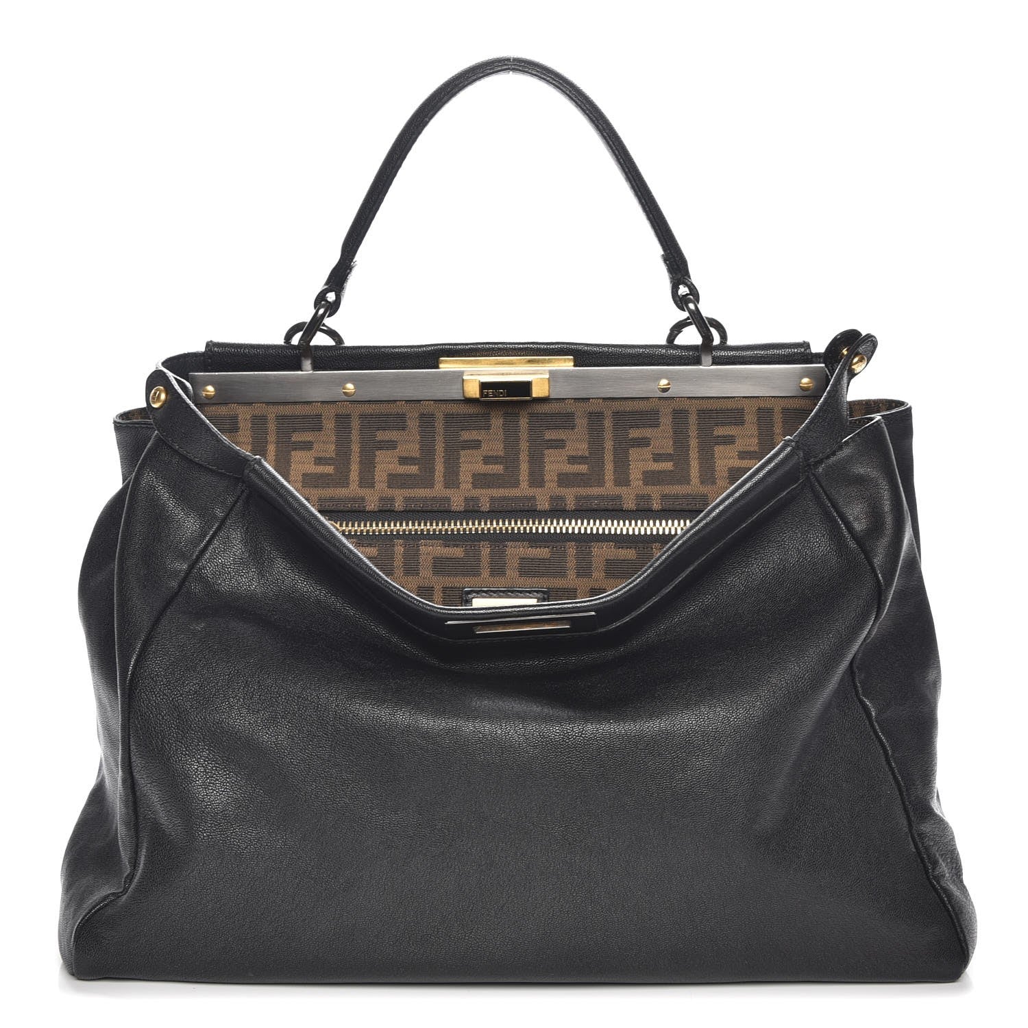 Fendi Goatskin Zucca Large Peekaboo Iconic Satchel Black Tobacco 1 of 9