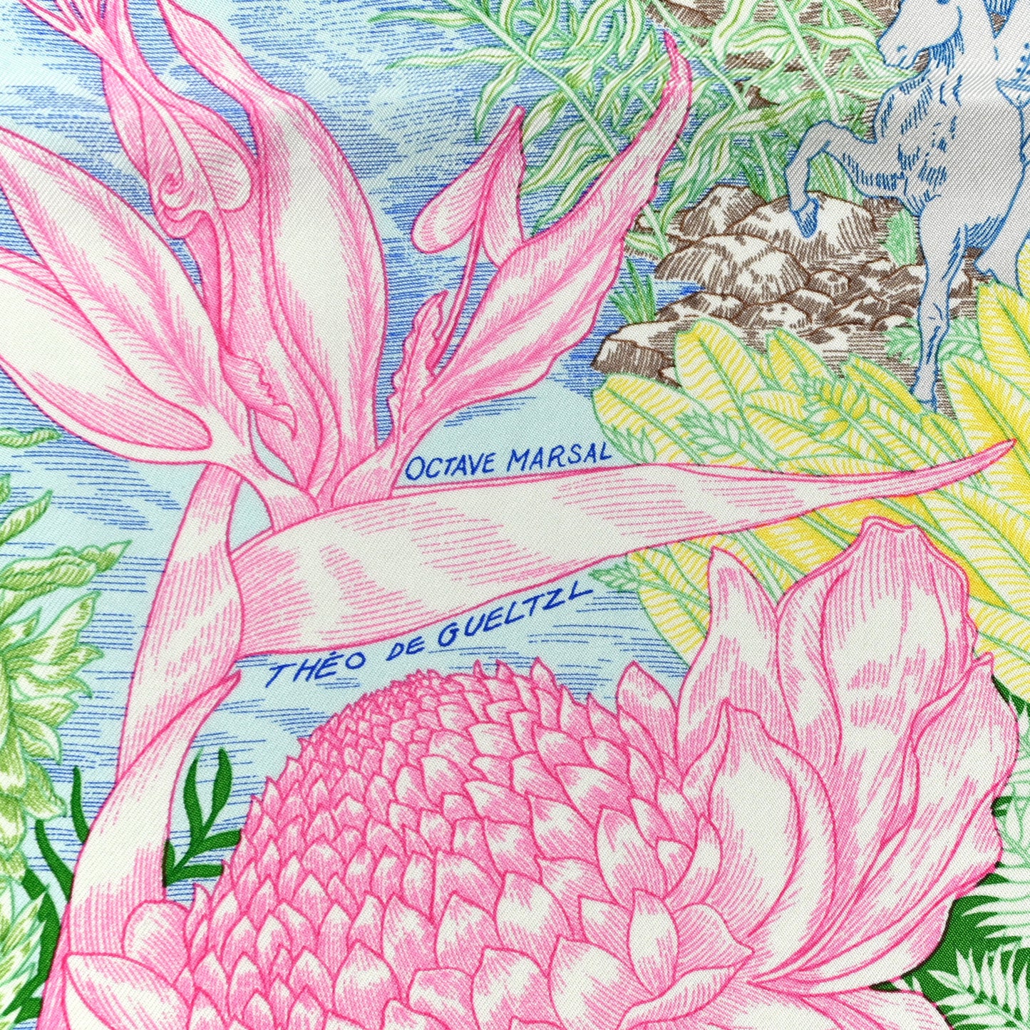 Silk Twill Faubourg Tropical Scarf 90 Bleu Vert Jaune