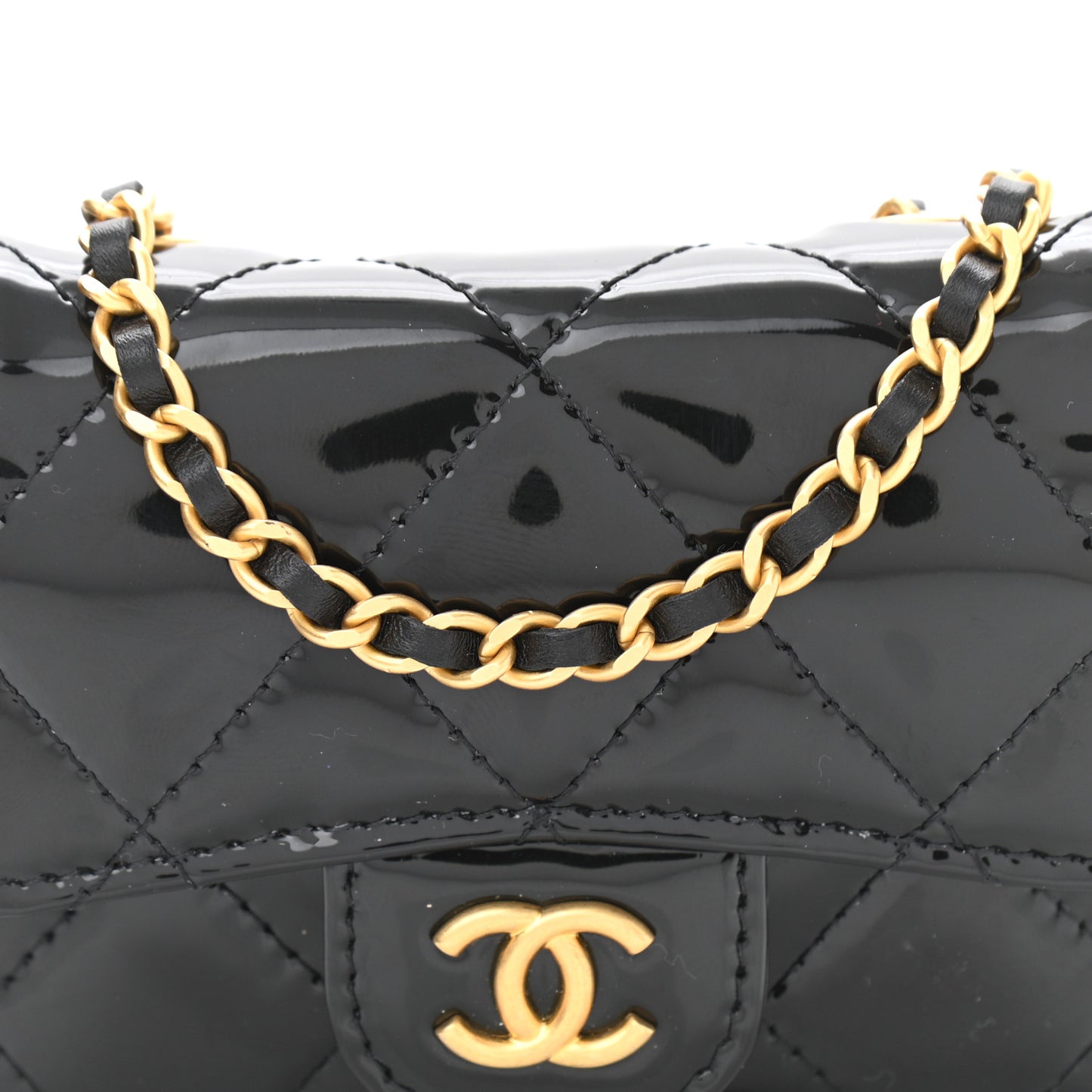 Patent Quilted Enamel Chain Mini Flap Belt Bag Black