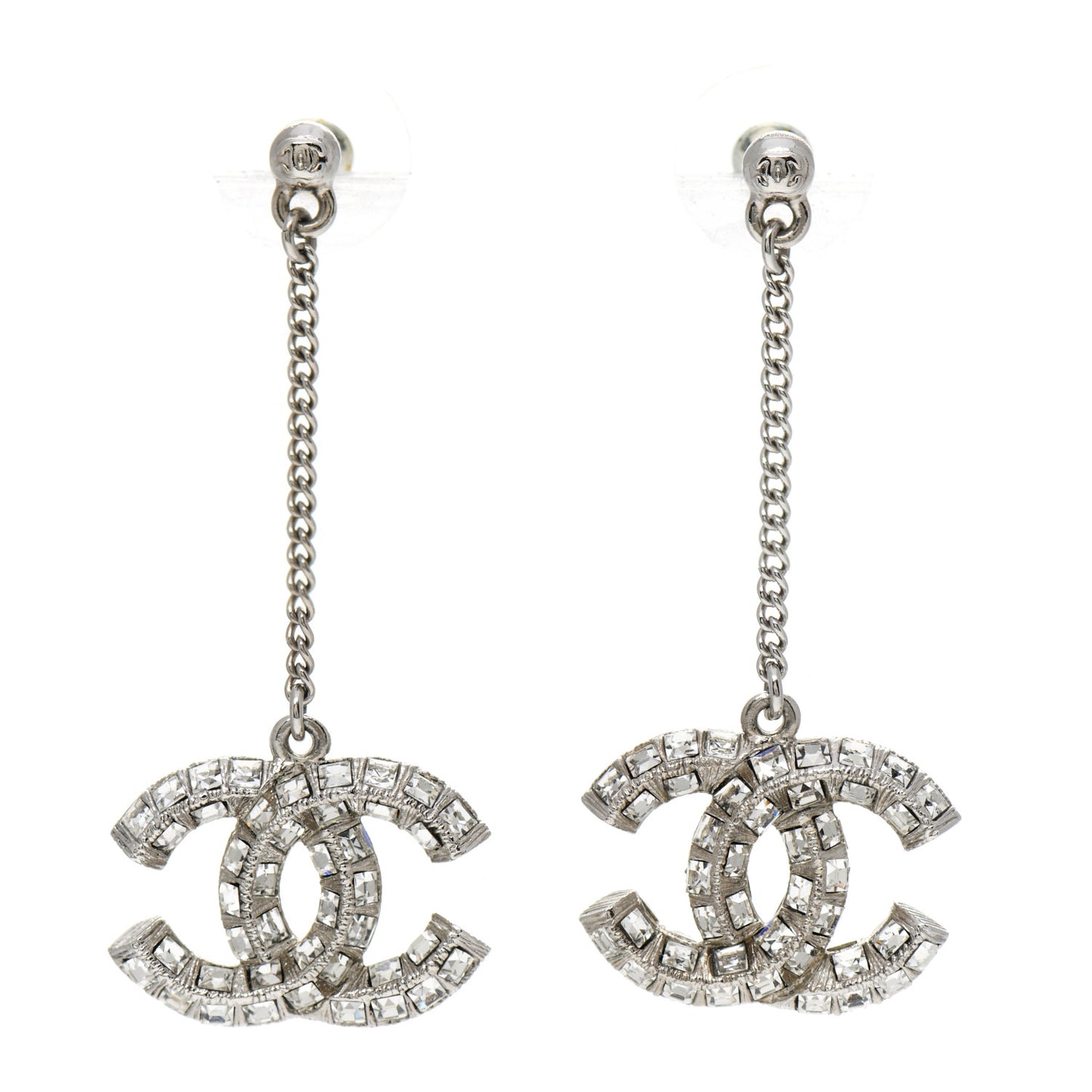 Baguette Crystal CC Drop Earrings Silver