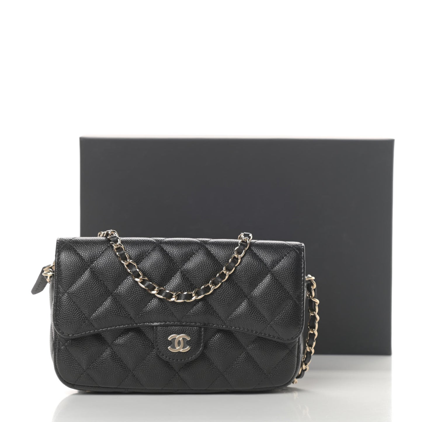 Caviar Quilted Flap Phone Holder With Chain Black
