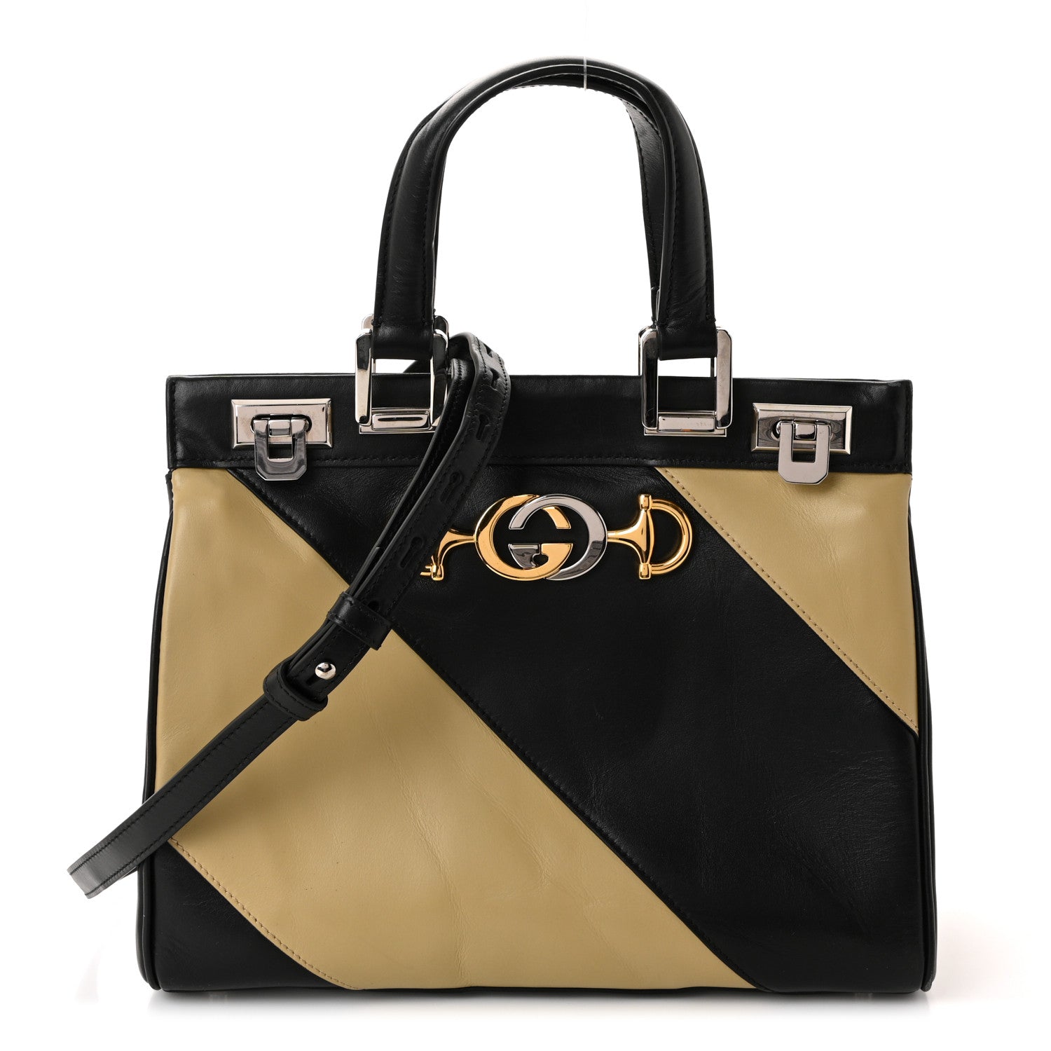 Gucci Smooth Calfskin Diagonal Striped Small Zumi Top Handle Bag Black Beige 1 of 10