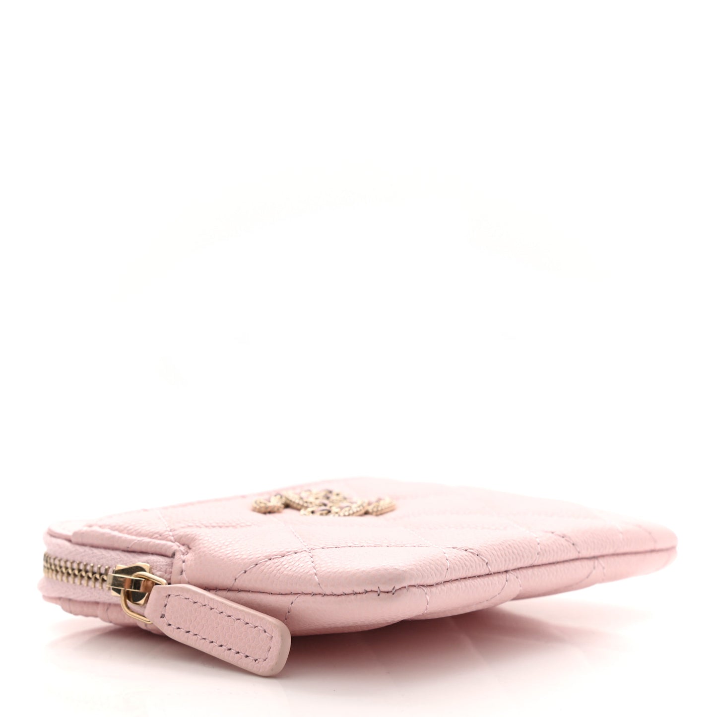 Caviar Quilted Crystal Zip Card Holder Wallet Light Pink