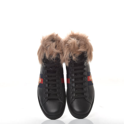 Gucci Calfskin Wool Web Bee Embroidered Mens Ace High Top Sneakers 9 Black 5 of 9