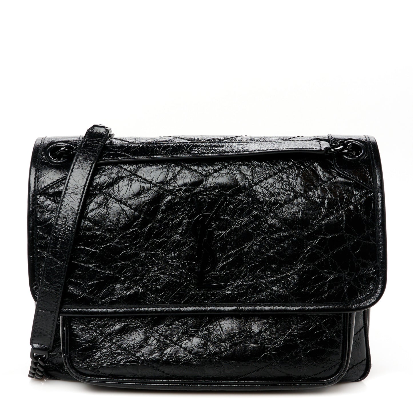 Crinkled Calfskin Matelasse Monogram Medium Niki Chain Satchel Black