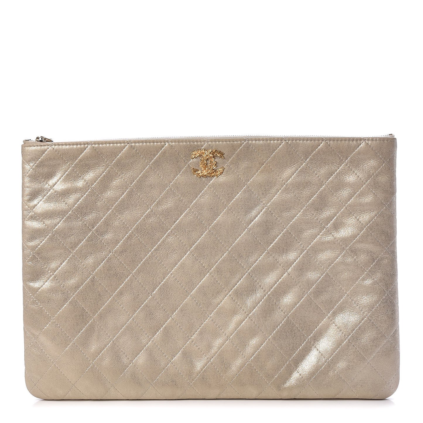 Metallic Calfskin Quilted Large Cosmetic Case Light Gold